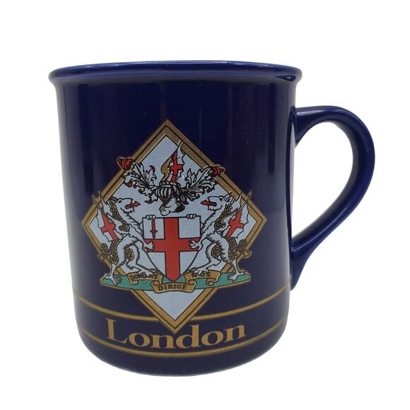 London Coffee Mug Sampson Souvenir British Ceramic Cup Blue Gold Vintage Enland - Picture 1 of 7